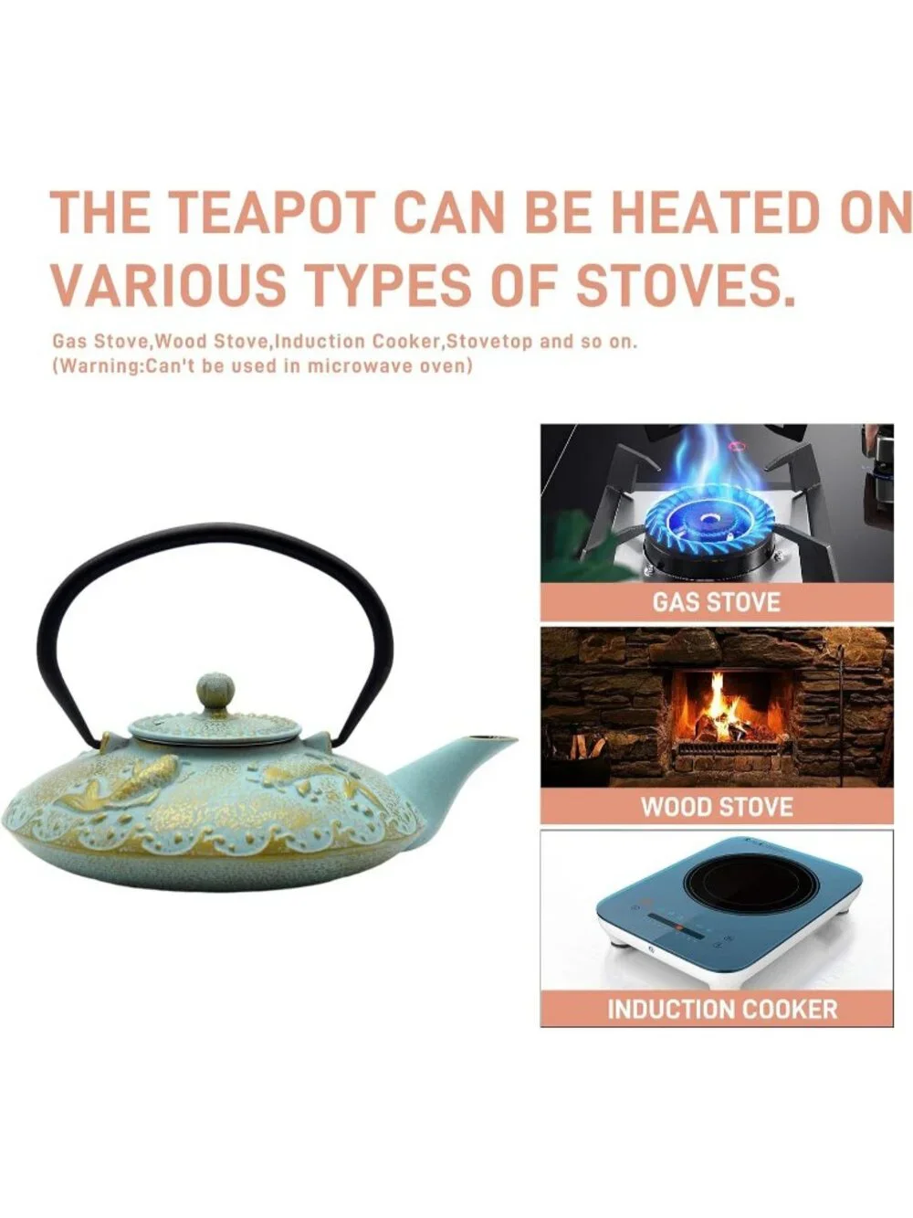 Cyan and Gold Cast Iron Kitchen Japanese Teapot 27.1oz Stovetop  Infuser Pot